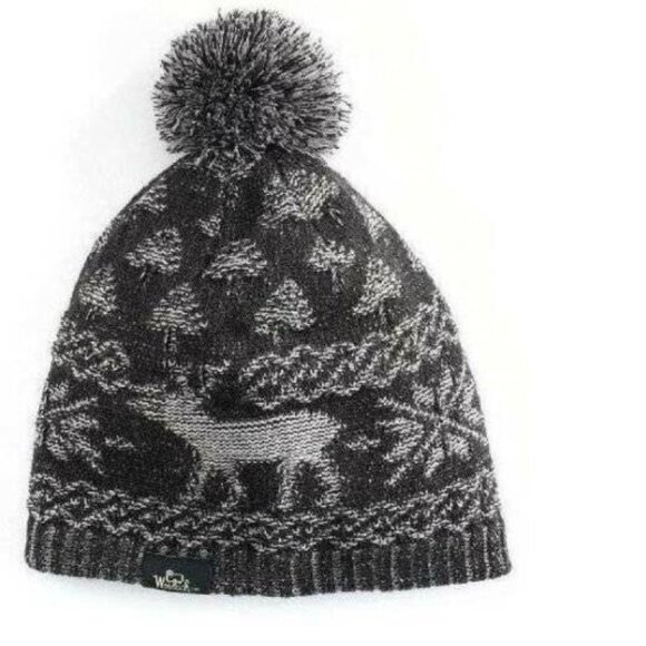 Womens Winter Beanie Hat Woolrich Black Holiday Reindeer Acrylic Cap OSFM - Picture 1 of 4